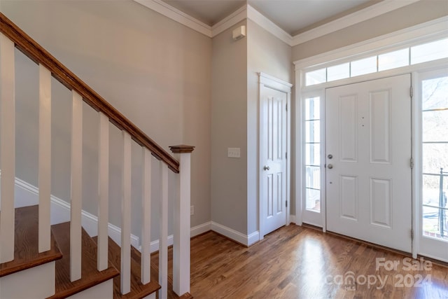 foyer with plenty of natural light, wood-type flooring, and crown molding