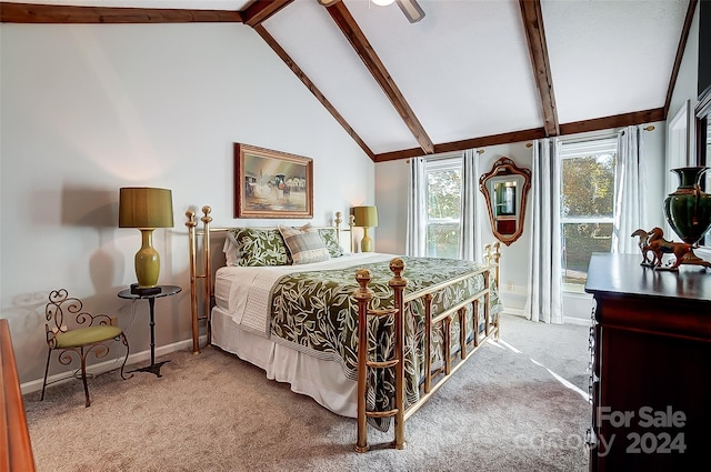 carpeted bedroom featuring high vaulted ceiling, beamed ceiling, and ceiling fan