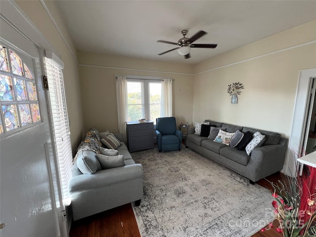 living room featuring hardwood / wood-style floors and ceiling fan