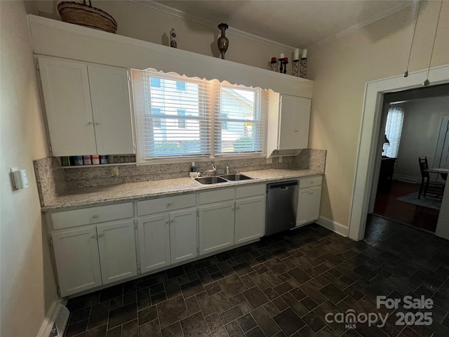 kitchen with sink, crown molding, white cabinets, and dishwasher