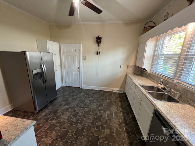 kitchen with white cabinetry, ornamental molding, sink, and stainless steel fridge with ice dispenser