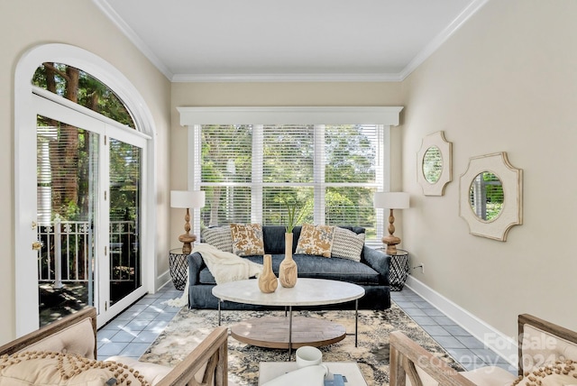 4141 Shattalon Dr, Winston Salem, NC 27106 - tiled living area featuring ornamental molding and baseboards