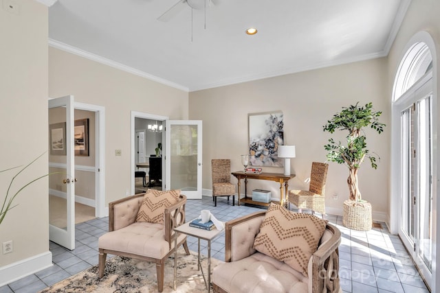 4141 Shattalon Dr, Winston Salem, NC 27106 - living room featuring plenty of natural light, ornamental molding, light tile patterned floors, a ceiling fan, and french doors
