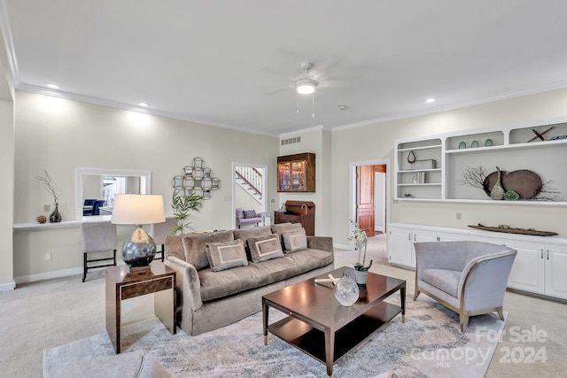 4141 Shattalon Dr, Winston Salem, NC 27106 - living room featuring crown molding, stairway, light colored carpet, a ceiling fan, and recessed lighting