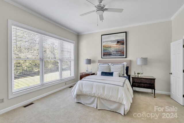 4141 Shattalon Dr, Winston Salem, NC 27106 - bedroom with light carpet, ornamental molding, and ceiling fan