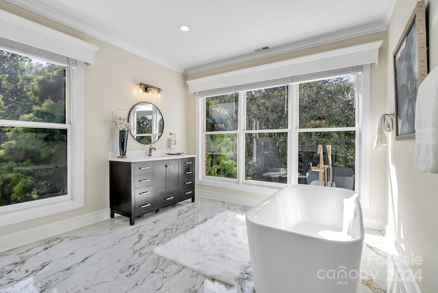 bathroom with plenty of natural light, ornamental molding, a tub, and vanity