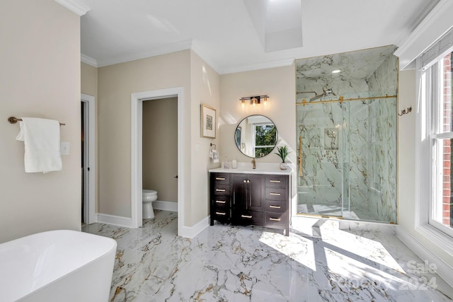 full bathroom with plus walk in shower, toilet, vanity, and ornamental molding