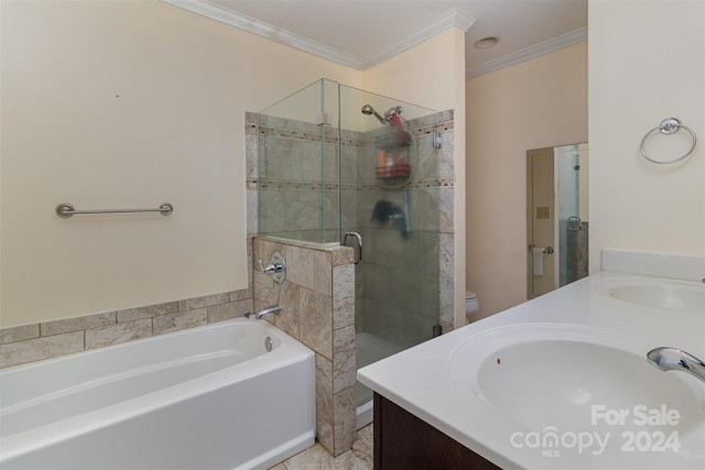 full bathroom with toilet, shower with separate bathtub, vanity, and ornamental molding