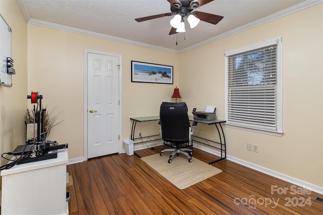 home office featuring dark wood-type flooring, ceiling fan, a textured ceiling, and crown molding