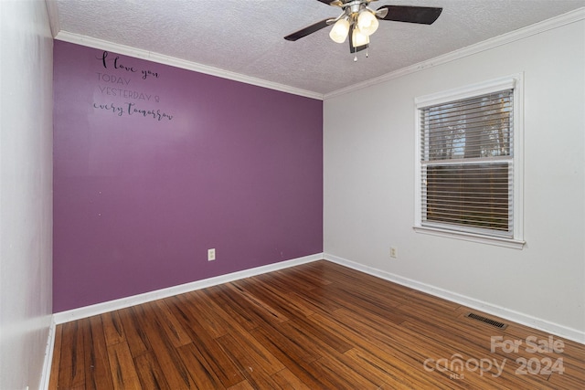 unfurnished room featuring a textured ceiling, wood-type flooring, ceiling fan, and crown molding