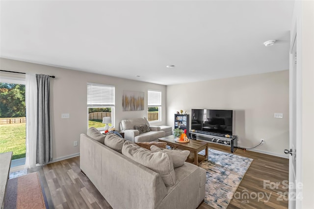 living room with dark wood-type flooring