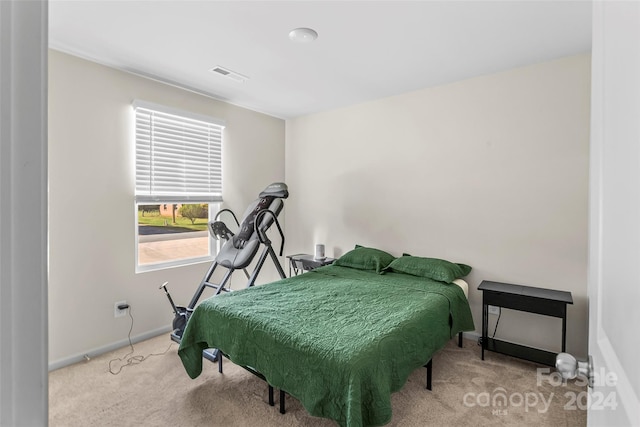 bedroom with light colored carpet