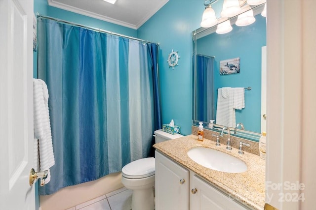 full bathroom with shower / bath combination with curtain, ornamental molding, vanity, tile patterned flooring, and toilet