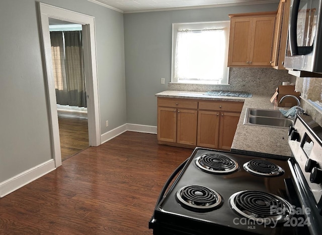 kitchen featuring sink, crown molding, appliances with stainless steel finishes, and dark wood-type flooring