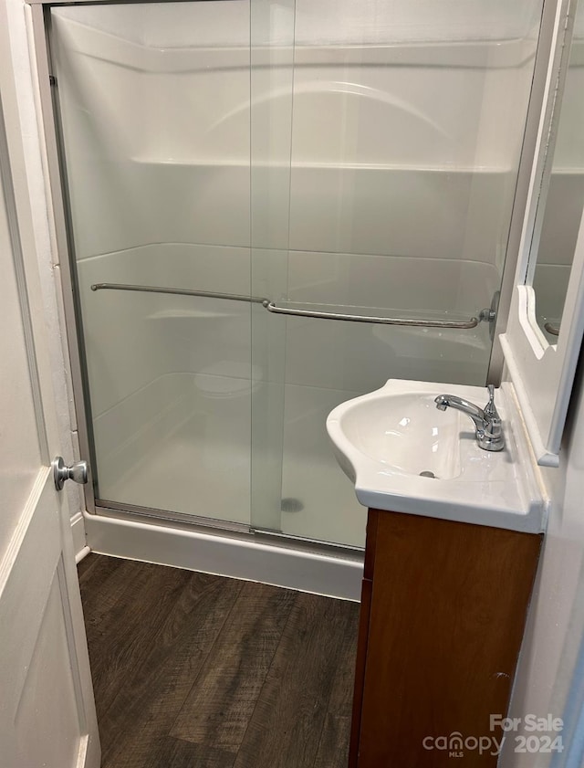 bathroom with vanity, walk in shower, and wood-type flooring