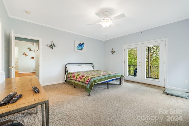 bedroom with french doors, access to exterior, ceiling fan, crown molding, and carpet