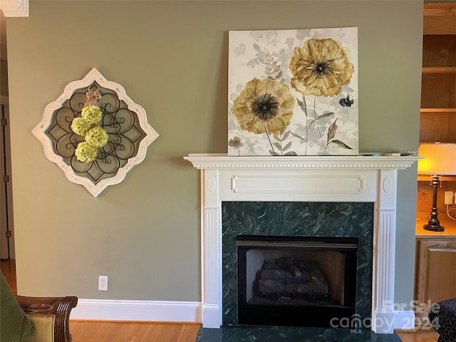 interior details with hardwood / wood-style flooring and a high end fireplace