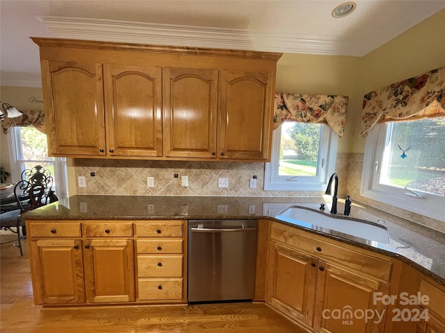 kitchen with plenty of natural light, a sink, dark stone countertops, and dishwasher
