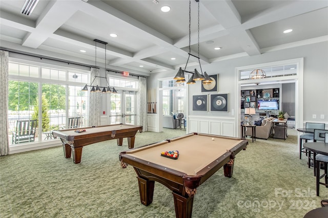 rec room with french doors, carpet floors, coffered ceiling, beamed ceiling, and billiards