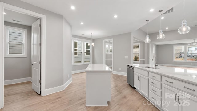 kitchen featuring light countertops, visible vents, stainless steel dishwasher, white cabinets, and a sink