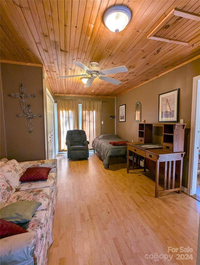 bedroom featuring crown molding, ceiling fan, light hardwood / wood-style floors, and wooden ceiling