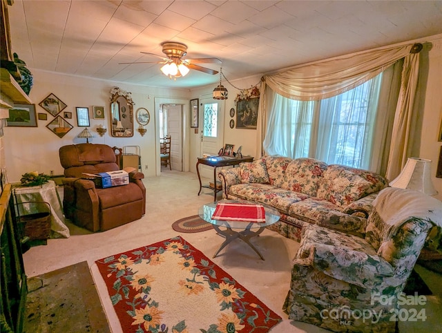 living room with crown molding, carpet, and ceiling fan