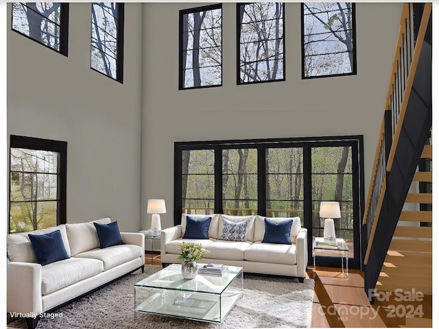 living room featuring plenty of natural light, wood-type flooring, and a high ceiling