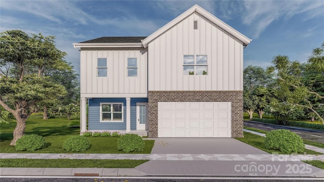 view of front facade with board and batten siding, concrete driveway, a front yard, an attached garage, and brick siding