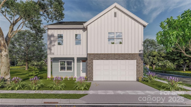 modern inspired farmhouse featuring driveway, a garage, board and batten siding, and brick siding