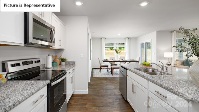 kitchen with dark hardwood / wood-style floors, stainless steel appliances, sink, light stone countertops, and white cabinetry