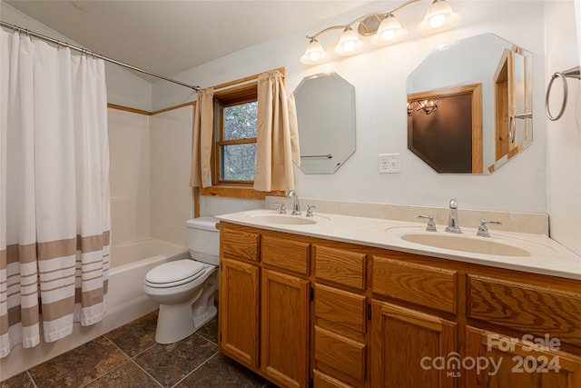 full bathroom featuring vanity, toilet, tile patterned floors, and shower / bathtub combination with curtain