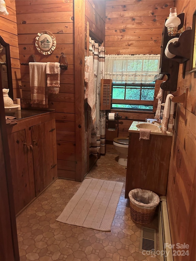 bathroom with vanity, toilet, and wood walls