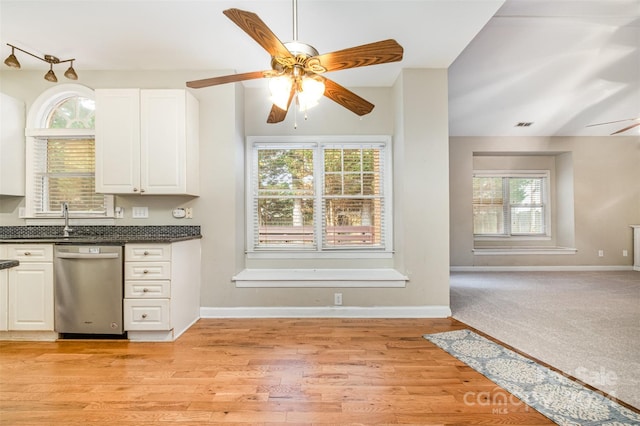 kitchen with dishwasher, light hardwood / wood-style flooring, and plenty of natural light