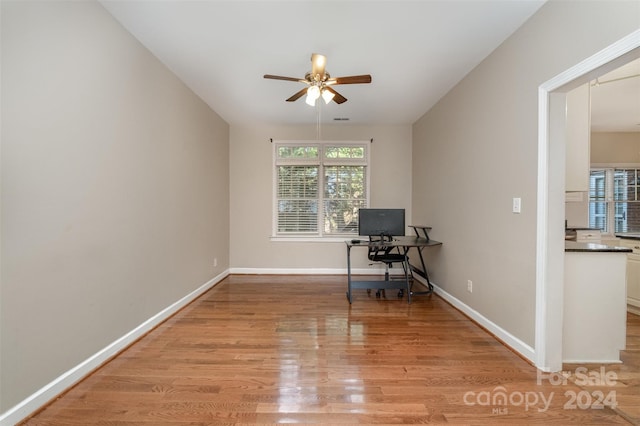 unfurnished office featuring ceiling fan, a healthy amount of sunlight, and light wood-type flooring