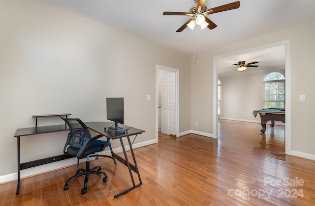 office area featuring ceiling fan, billiards, and hardwood / wood-style flooring