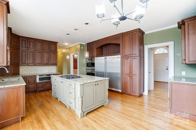 kitchen with sink, hanging light fixtures, light hardwood / wood-style floors, appliances with stainless steel finishes, and ornamental molding