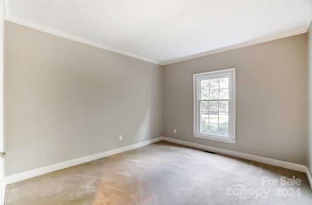 spare room with light colored carpet and ornamental molding