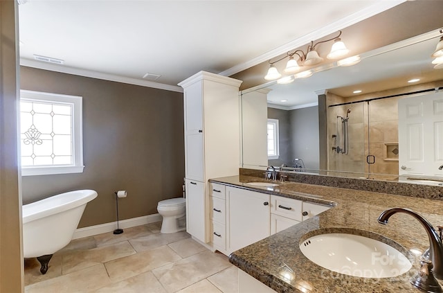 full bathroom with tile patterned floors, ornamental molding, vanity, shower with separate bathtub, and toilet