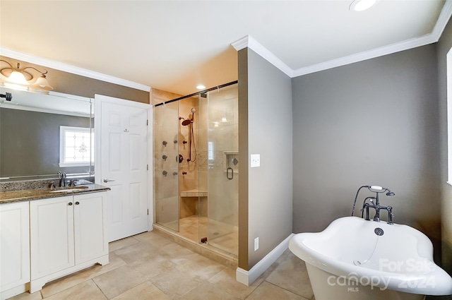 bathroom featuring shower with separate bathtub, vanity, tile patterned floors, and ornamental molding