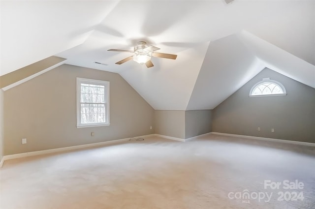 additional living space with light carpet, a wealth of natural light, and vaulted ceiling