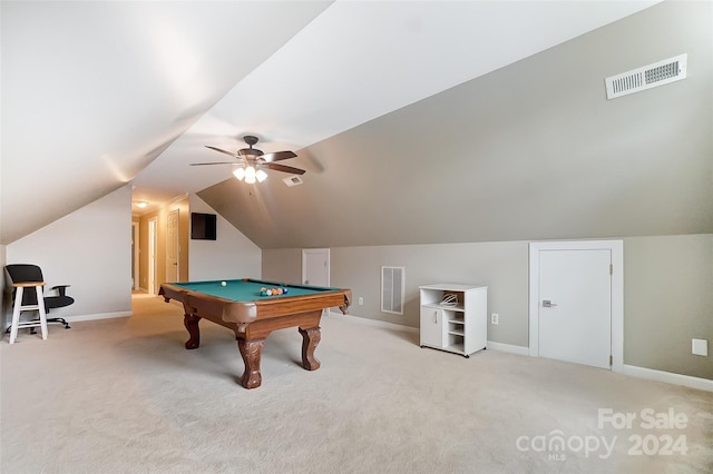 rec room featuring light carpet, ceiling fan, vaulted ceiling, and pool table