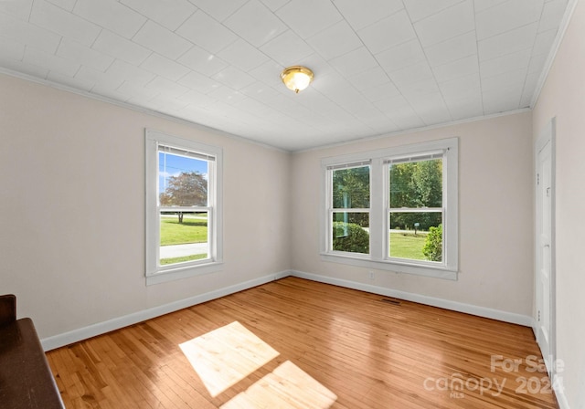 spare room with wood-type flooring and crown molding