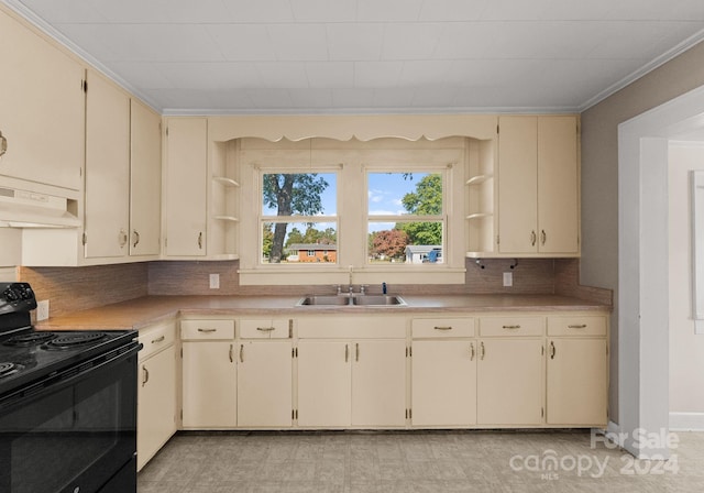 kitchen featuring sink, black electric range, and cream cabinets