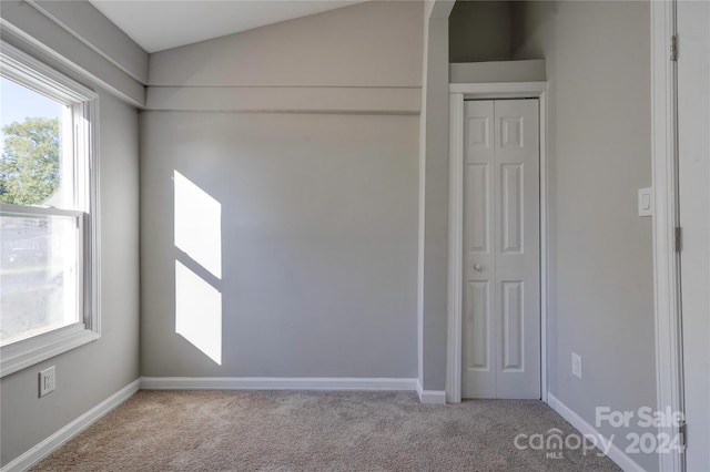 interior space featuring a closet, vaulted ceiling, and light carpet