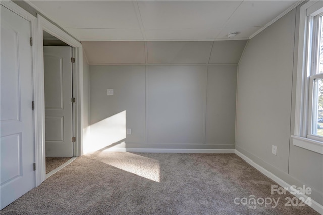 empty room with carpet flooring and vaulted ceiling