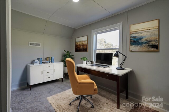 office space featuring vaulted ceiling, ornamental molding, and carpet