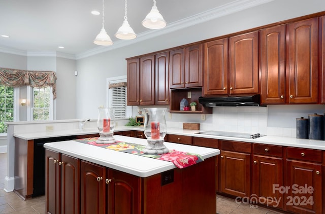 kitchen with a center island, black electric cooktop, hanging light fixtures, and ornamental molding