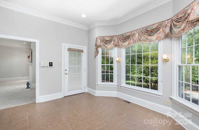 interior space featuring light carpet and ornamental molding