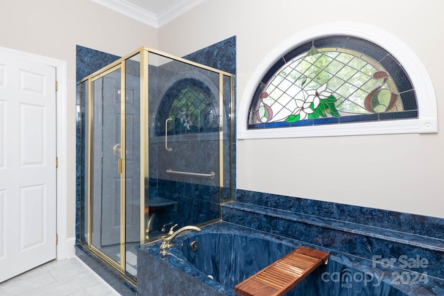 bathroom with tile patterned flooring, separate shower and tub, and ornamental molding