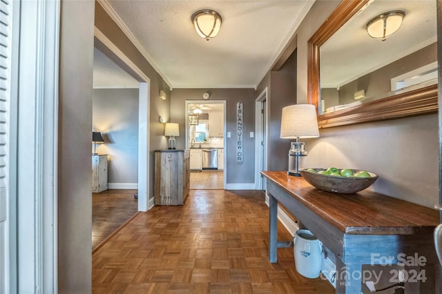 hall with dark parquet floors, ornamental molding, and a textured ceiling